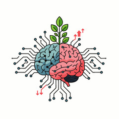 This illustration combines a human brain, digital circuits, and a plant, representing the powerful blend of intellect, technology, and sustainable growth.