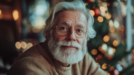 Smiling senior man with white hair and beard, in glasses near a Christmas tree.