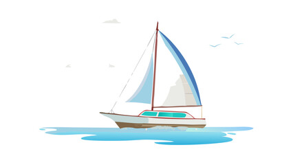 White sailboat with blue sails on water sailing ocean