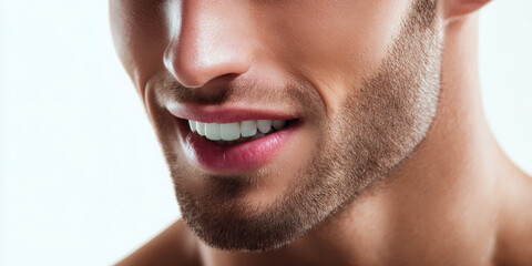 Obraz premium Smiling male model close-up studio portrait photography bright background eye-level perspective beauty and confidence concept