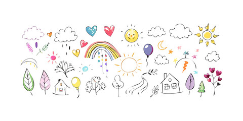 Colorful doodle set with sun moon rainbow and houses vector