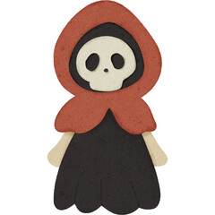 Creepy fairytale character with skull face wearing red hooded cloak and black dress