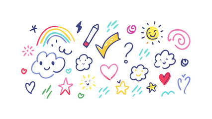 Colorful doodles with rainbow sun clouds and stars vector