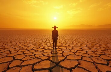 Cracked earth under hot sun in arid landscape represents El Nino weather effects. A lone figure stands in a dry, barren desert environment, emphasizing drought and climate change impacts.