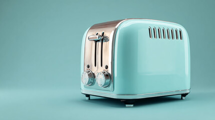 Shiny clean retro pastel blue toaster with nostalgic feeling. Vintage kitchen appliance isolated on matching background for stylish morning and modern home design