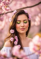 Fototapeta premium Elegant woman with pink cherry blossom and radiant green eye makeup