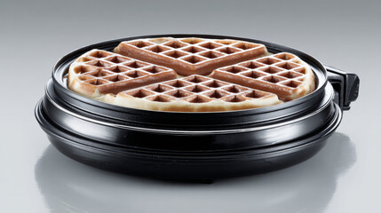 Delicious round classic waffle cooking in black iron maker. Isolated breakfast food on clean background evokes feeling of warm, homemade comfort and delicious sweetness
