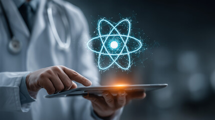 Low Poly Scientist Holding AI Processor Tablet with Nuclear Atom Icon, Futuristic Technology Background