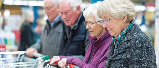 Diverse senior group shopping at supermarket checkout with carts and groceries in aisle