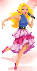 Cartoon blonde girl singing with microphone, wearing pink dress and blue top, performing on stage, pop star character, vector illustration