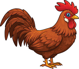 Cartoon brown rooster character with red comb, farm bird illustration, colorful chicken mascot, isolated on white background, vector animal design