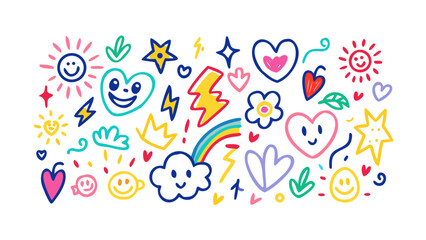 Cheerful doodle elements with smiling suns hearts and stars vector