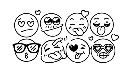 Whimsical doodle emoji faces with various expressions vector