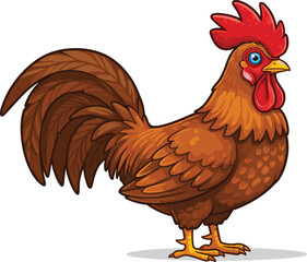 Cartoon brown rooster character with red comb, farm bird illustration, colorful chicken mascot, isolated on white background, vector animal design
