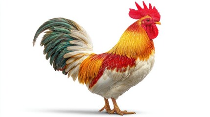 Fototapeta premium Colorful Rooster Standing on White Background with Vibrant Feathers