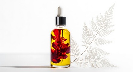 Fototapeta premium Vectore illustration of a dropper bottle with yellow liquid and red ink swirling inside, isolated on white background