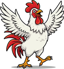 Cartoon white rooster with open wings, funny farm animal character, vector illustration, isolated on white background, children education design