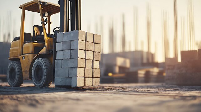 Forklift transporting concrete blocks at construction site heavy machinery industrial equipment work zone safety