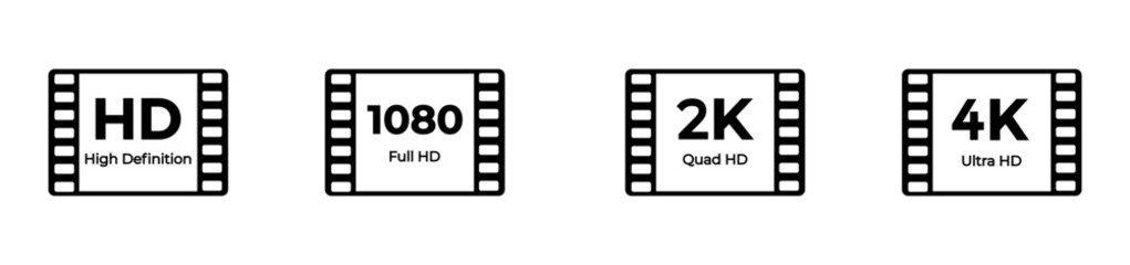 Resolution icons for hd, full hd, 2k, and 4k display quality.
