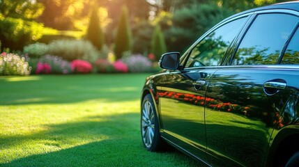 Black car parked in a lush garden. Sunlight filters through trees
