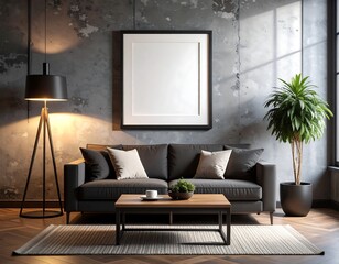 Industrial loft living room interior with square frame mockup above dark gray sofa and coffee table