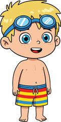 Cute cartoon boy in swim trunks, wearing goggles, smiling character for summer vacation, beach, pool fun, kids illustration design