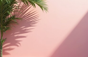 Fototapeta premium Palm tree shadows cast on pastel pink wall create summer beach mockup. Tropical plant leaves create serene atmosphere. Minimalist design, soft lighting, pastel colors suit travel or lifestyle themes.