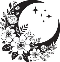 Floral Crescent Moon Silhouette Vector isolated on a clean white background