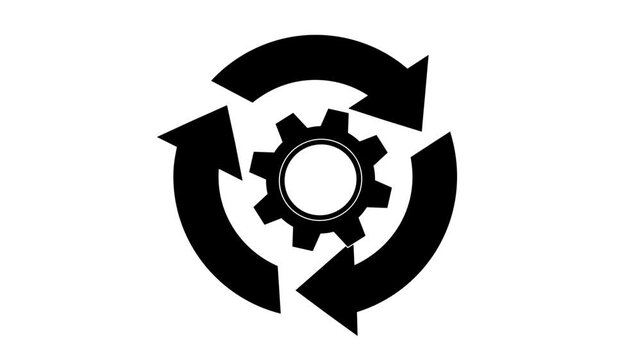 Rotating Gear with Circular Arrow Animation. Motion graphic on white background, perfect for mechanical, industrial, engineering, repair, and technology themes.