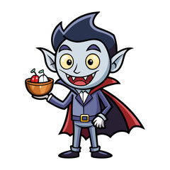 Friendly vampire character holding a tiny trick-or-treat bag, cute Halloween illustration, fun spooky vector, cartoon vampire for kids