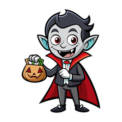 Friendly vampire character holding a tiny trick-or-treat bag, cute Halloween illustration, fun spooky vector, cartoon vampire for kids