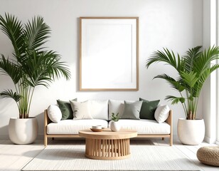 Living room interior with blank rectangular picture frame above white sofa and wooden coffee table with potted plants