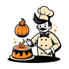 Halloween Pumpkin Chef Stirring Magical Glowing Potion Cake, Spooky Kitchen Illustration, Autumn Witchcraft Dessert, Cute Cartoon Cooking Vector Art
