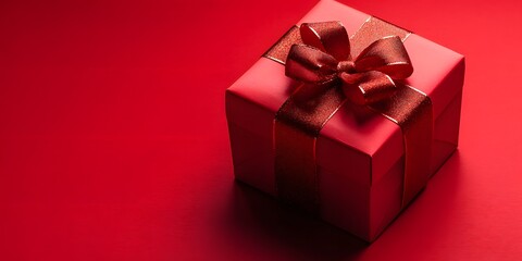 Red Gift Box with Shiny Bow on Red Background