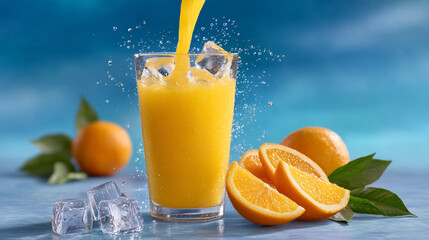 Juice is pouring into a clear glass filled with ice cubes. Fresh oranges are arranged nearby on a clean surface. Bright blue background enhances refreshing feel. Concept of beverages, health, cafes