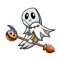 Cute Ghost Flying on Broom with Colorful Candy Wings Halloween Spooky Cartoon Illustration Fun Fantasy Vector Art Design