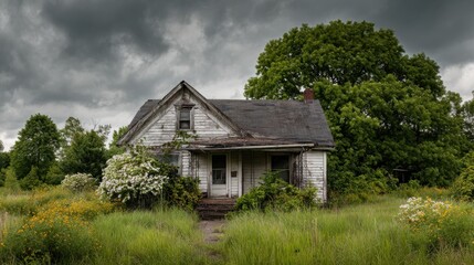 High-quality photo of abandoned house in overgrown lawn under gray sky, urban decay.