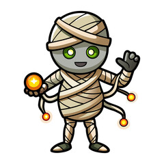 Mysterious Mummy Holding Glowing Fairy Lights, Halloween Spooky Vector Art, Magical Night Scene, Ancient Egyptian Wrapped Creature, Festive Decoration Illustration