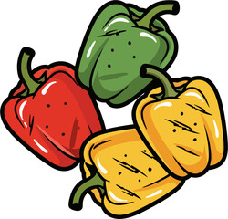 Grilled Bell Peppers Illustration – Red, Green, and Yellow Capsicum Vector Art