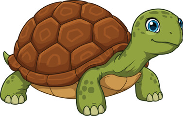 Cute cartoon turtle character with green body and brown shell, smiling reptile animal, isolated vector illustration on white background