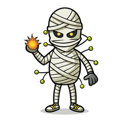 Mysterious Mummy Holding Glowing Fairy Lights, Halloween Spooky Vector Art, Magical Night Scene, Ancient Egyptian Wrapped Creature, Festive Decoration Illustration