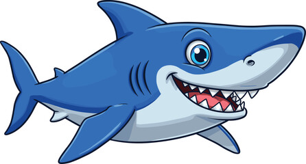 Smiling cartoon blue shark, underwater sea predator, vector illustration, isolated on white background, children education marine life design, cute character