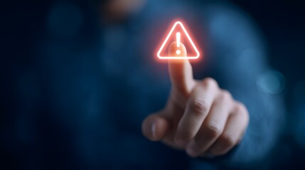 Businessman finger touching glowing warning attention digital alert icon, cybersecurity risk, data protection and security technology concept