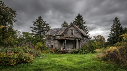 High-quality photo of abandoned house in overgrown lawn under gray sky, urban decay.