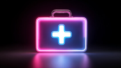 Fototapeta premium a neon first aid kit icon isolated on a black background, with a glowing light effect in pink and blue colors