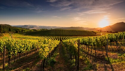 a picturesque vineyard at sunset with rows of grapevines stretching into the horizon and a backdrop of rolling hills
