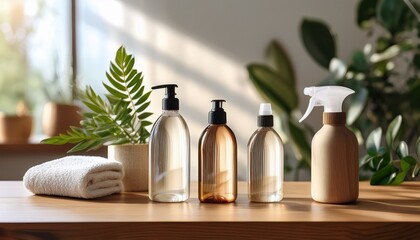 minimalist arrangement of eco friendly cleaning bottles on wooden surface with natural light