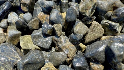 smooth wet river stones with natural gray and golden hues glistening under sunlight ideal for background or texture design