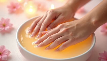 Hands immersed in warm paraffin bath for skin softening and rejuvenation. Delicate flowers and glowing candles create a serene spa ambiance for ultimate relaxation and pampering.