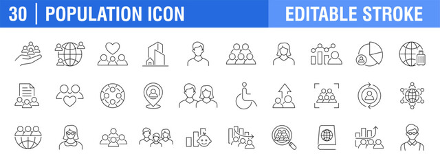 Collection of population icons. Children, people, families. Vector design templates, signs, symbols, editable strokes.